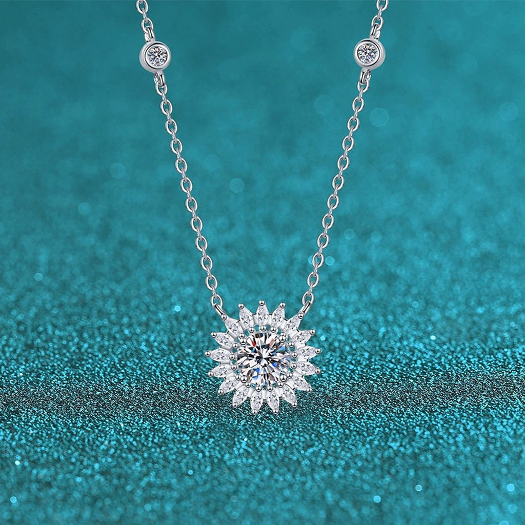 Sunburst Moissanite Pendant Necklace with CZ in Rhodium-Plated S925 sterling silver blue display scene showing chain and stone layout