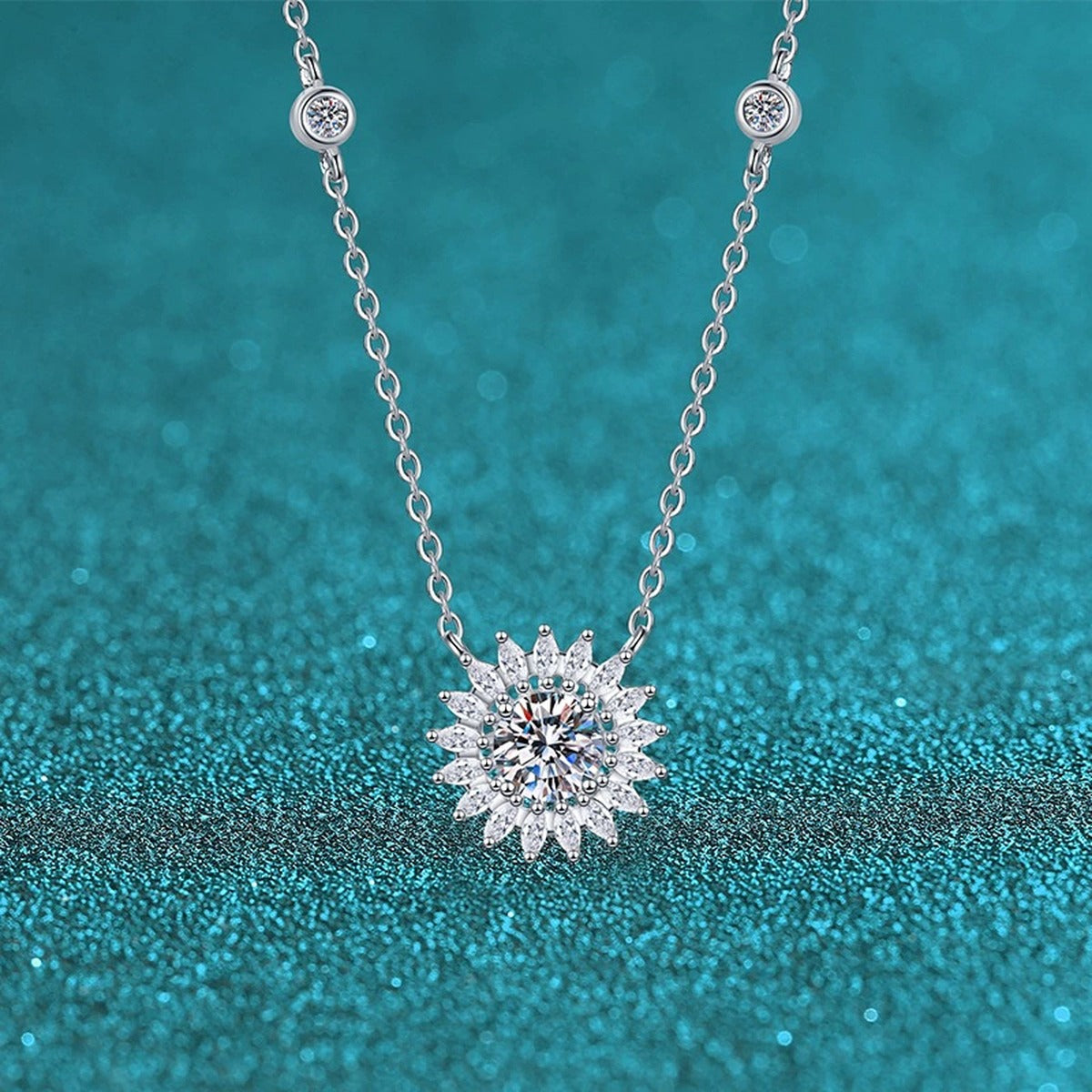 Sunburst Moissanite Pendant Necklace with CZ in Rhodium-Plated S925 sterling silver blue display scene showing chain and stone layout