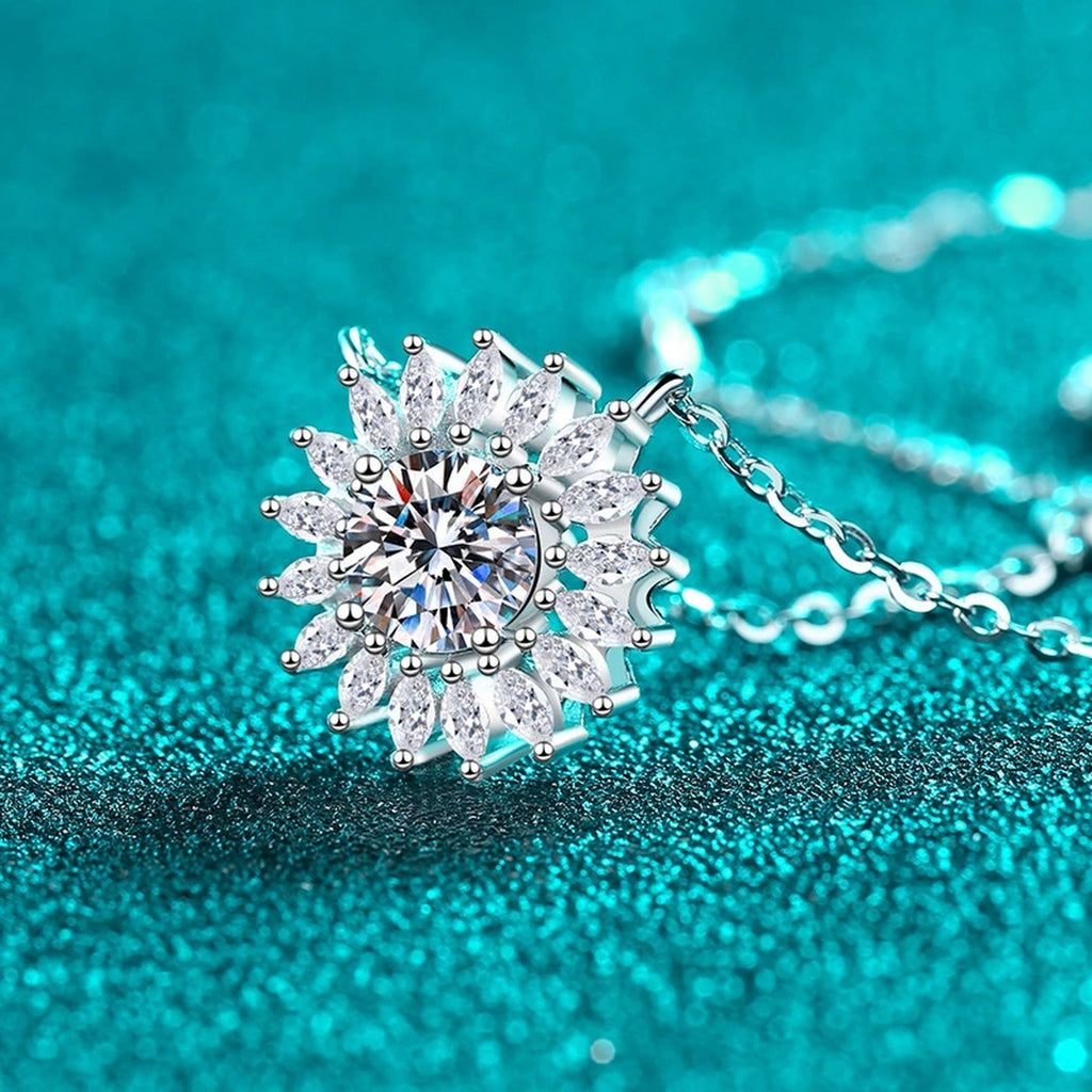 Sunburst Moissanite Pendant Necklace with CZ in Rhodium-Plated S925 sterling silver angled product detail view