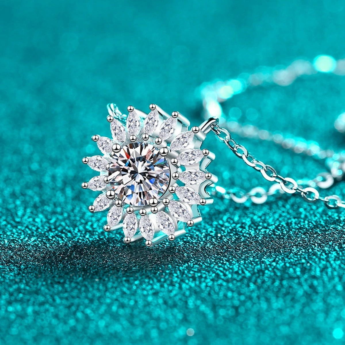 Sunburst Moissanite Pendant Necklace with CZ in Rhodium-Plated S925 sterling silver angled product detail view
