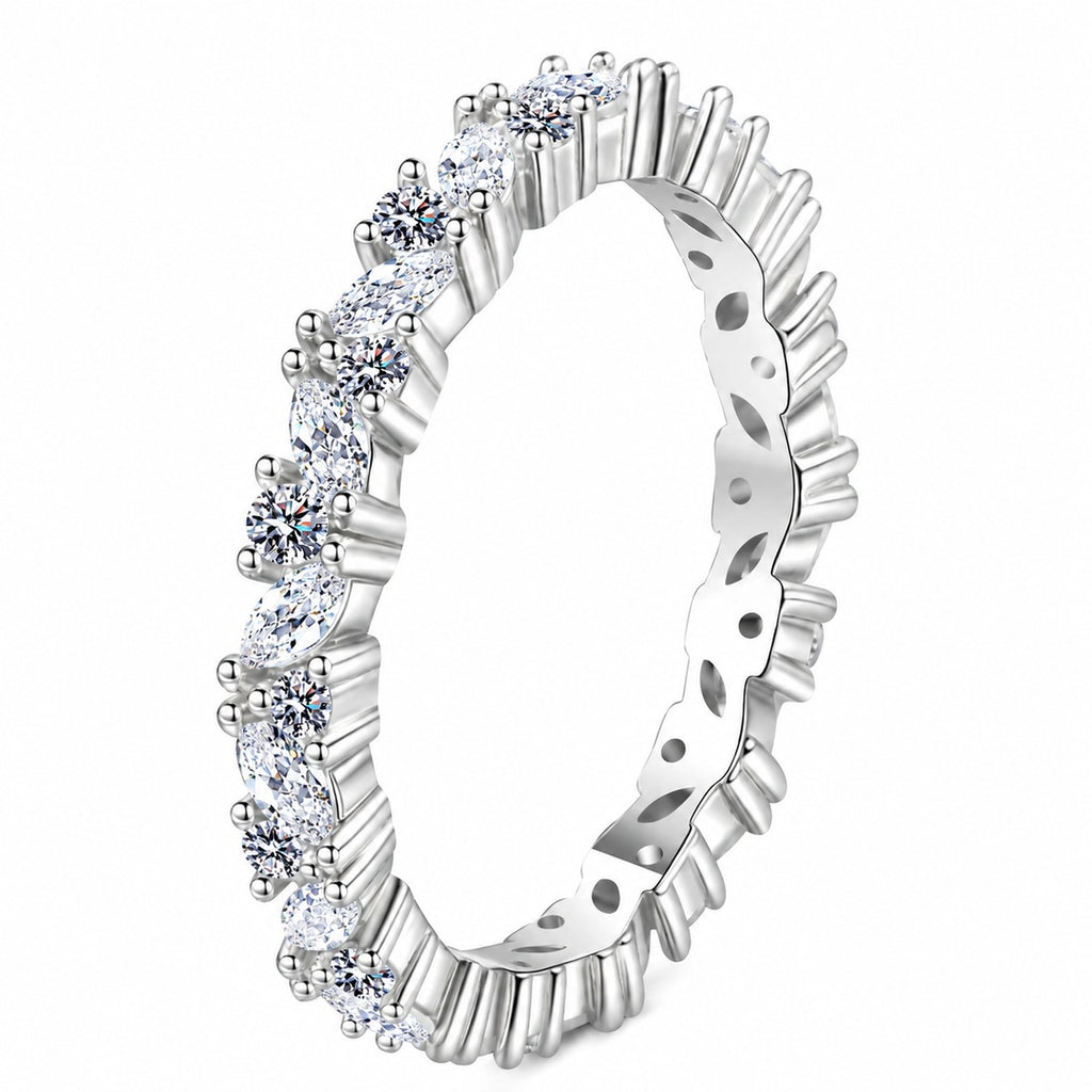 Marquise and Round Moissanite Band Ring in rhodium-plated S925 sterling silver on clean white background