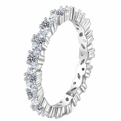 Marquise and Round Moissanite Band Ring in rhodium-plated S925 sterling silver on clean white background