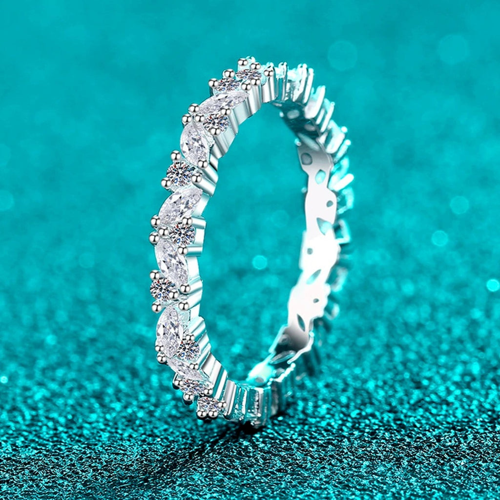Marquise and Round Moissanite Band Ring product view showing moissanite setting and metal finish