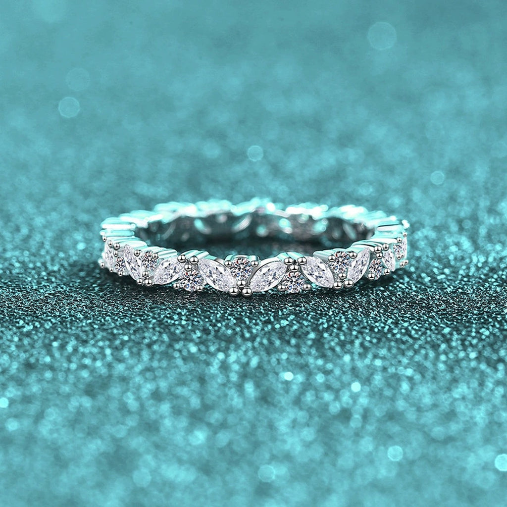 Marquise and Round Moissanite Band Ring product view showing moissanite setting and metal finish