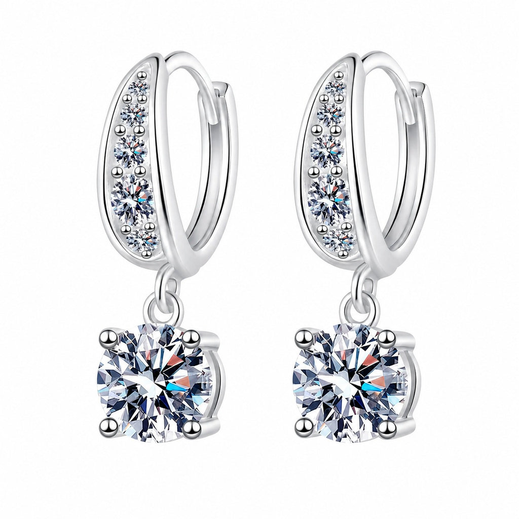 Round Halo Moissanite Hoop Dangle Earrings with CZ in Rhodium-Plated S925 sterling silver white background product photo showing the pair, stone shape, and hoop dangle earrings silhouette