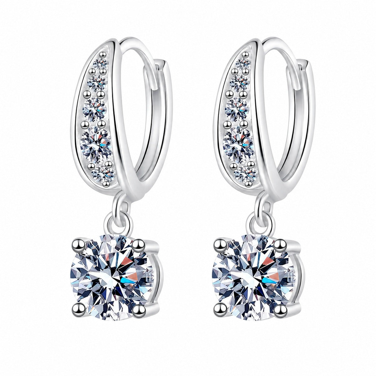 Round Halo Moissanite Hoop Dangle Earrings with CZ in Rhodium-Plated S925 sterling silver white background product photo showing the pair, stone shape, and hoop dangle earrings silhouette