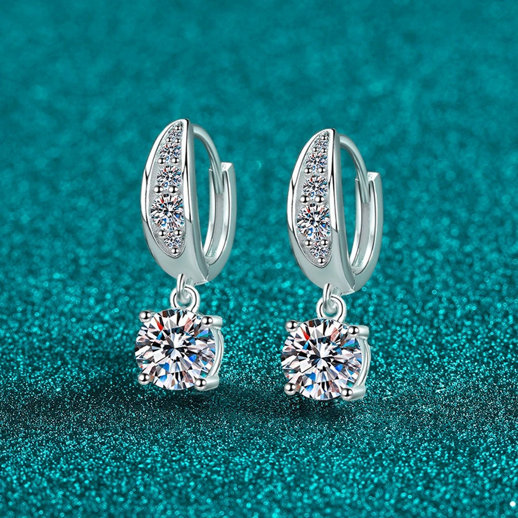 Round Halo Moissanite Hoop Dangle Earrings with CZ in Rhodium-Plated S925 sterling silver product scene view showing front sparkle
