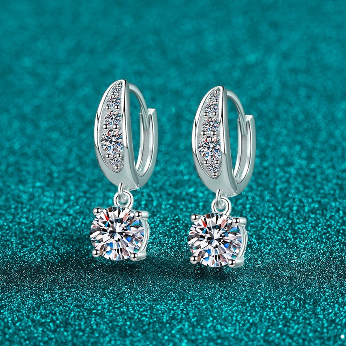 Round Halo Moissanite Hoop Dangle Earrings with CZ in Rhodium-Plated S925 sterling silver product scene view showing front sparkle