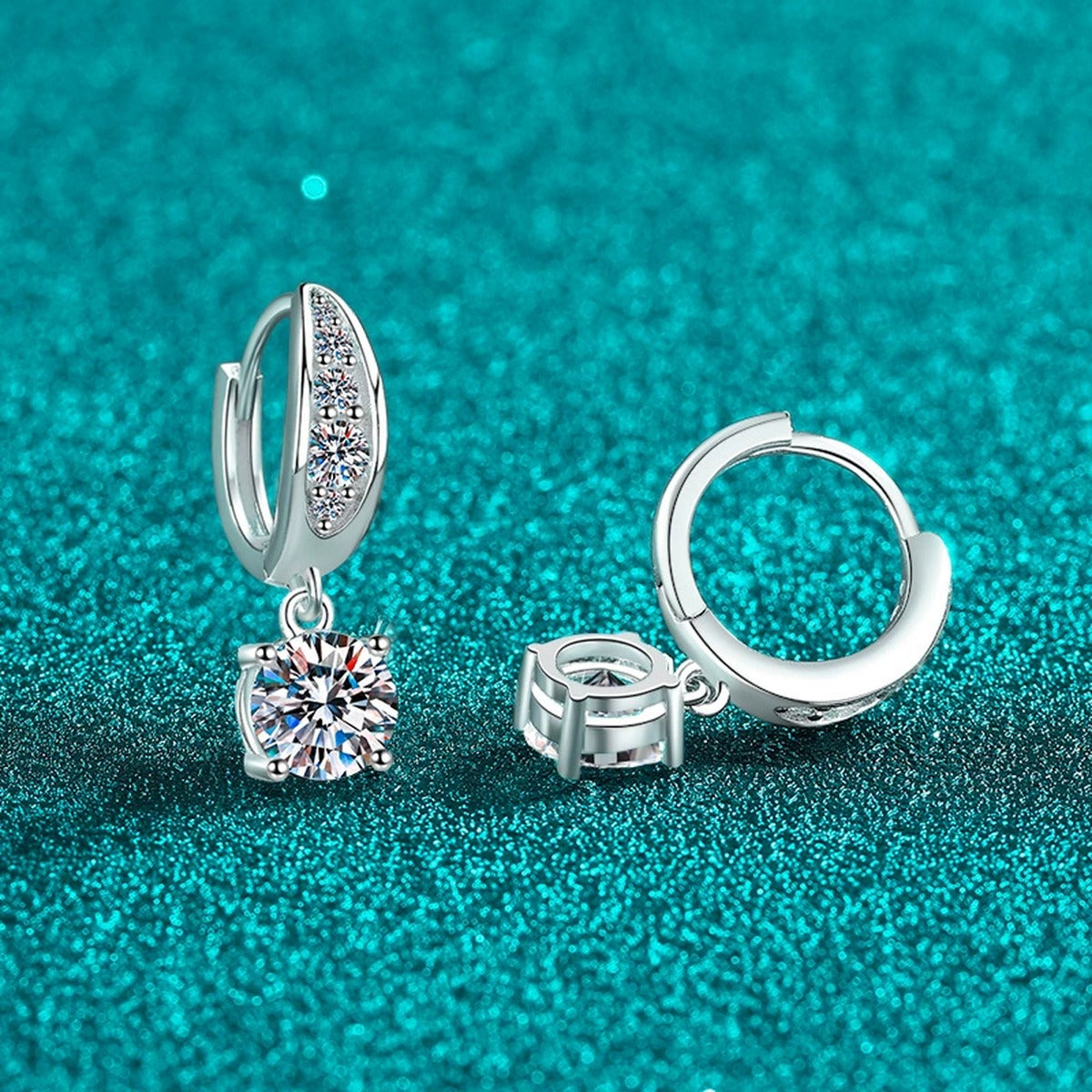 Round Halo Moissanite Hoop Dangle Earrings with CZ in Rhodium-Plated S925 sterling silver product scene view showing angled setting detail