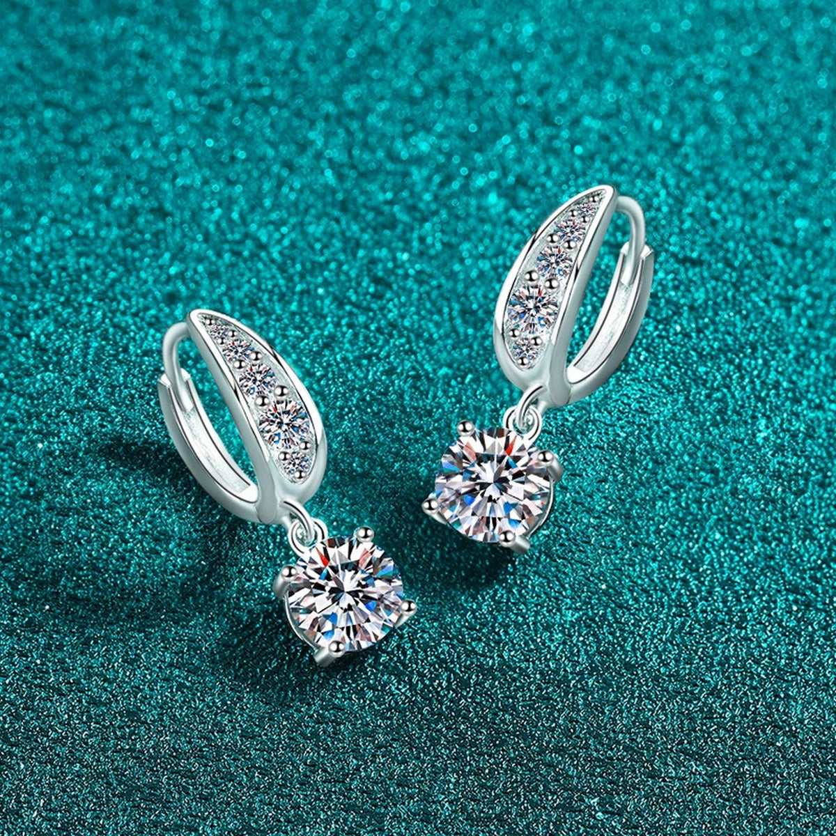 Round Halo Moissanite Hoop Dangle Earrings with CZ in Rhodium-Plated S925 sterling silver product scene view showing side profile
