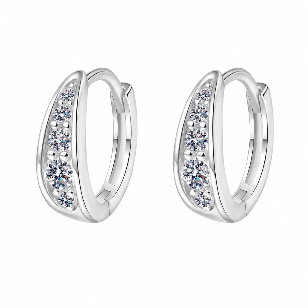 Pave Moissanite Huggie Hoop Earrings in Rhodium-Plated S925 sterling silver white background product photo showing the pair, stone shape, and huggie hoop earrings silhouette