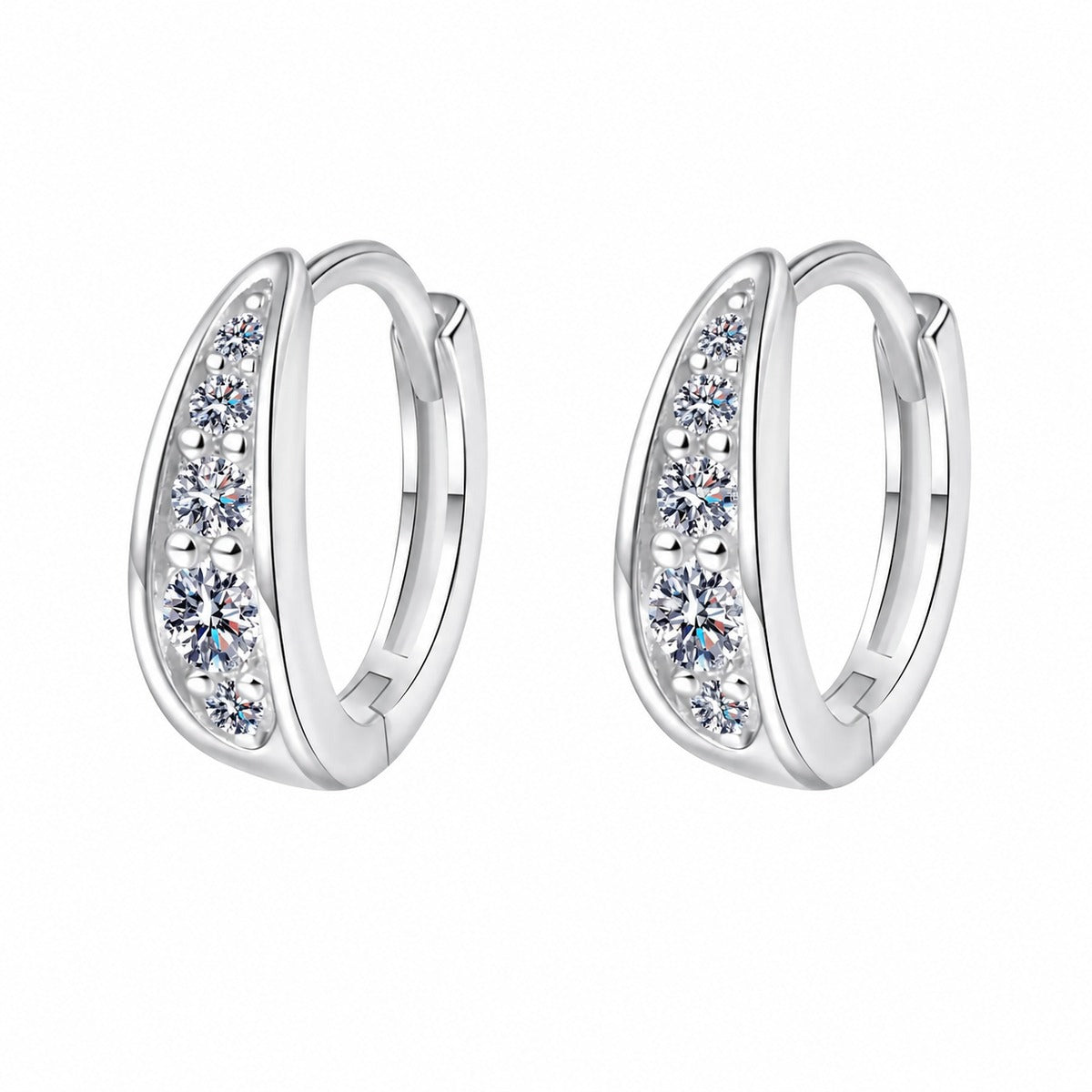 Pave Moissanite Huggie Hoop Earrings in Rhodium-Plated S925 sterling silver white background product photo showing the pair, stone shape, and huggie hoop earrings silhouette
