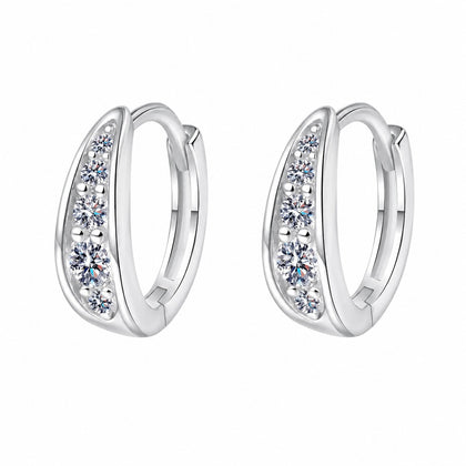 Pave Moissanite Huggie Hoop Earrings in Rhodium-Plated S925 sterling silver white background product photo showing the pair, stone shape, and huggie hoop earrings silhouette