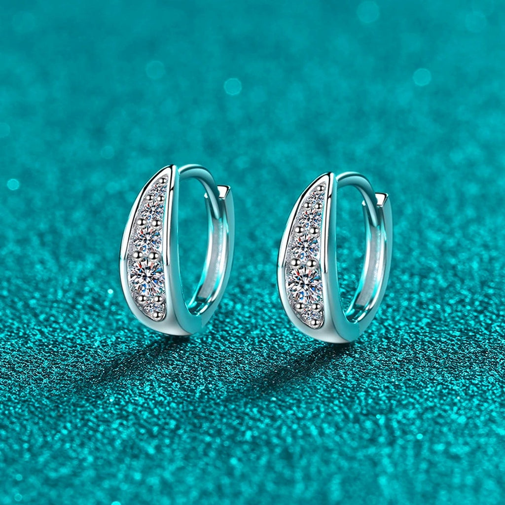 Pave Moissanite Huggie Hoop Earrings in Rhodium-Plated S925 sterling silver product scene view showing front sparkle
