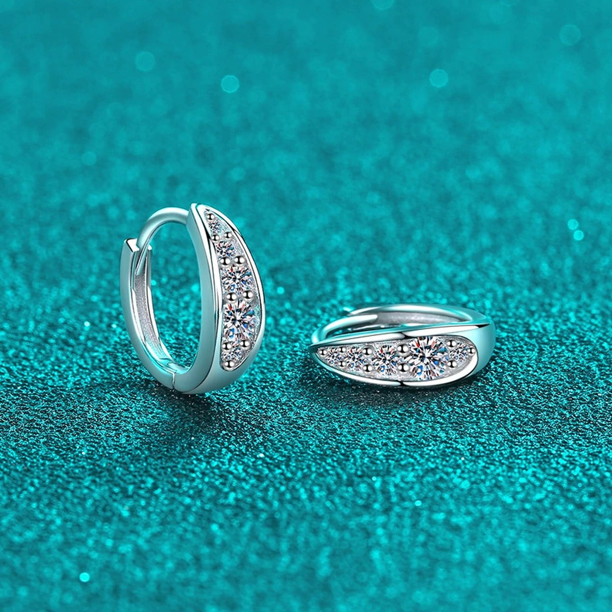 Pave Moissanite Huggie Hoop Earrings in Rhodium-Plated S925 sterling silver product scene view showing side profile
