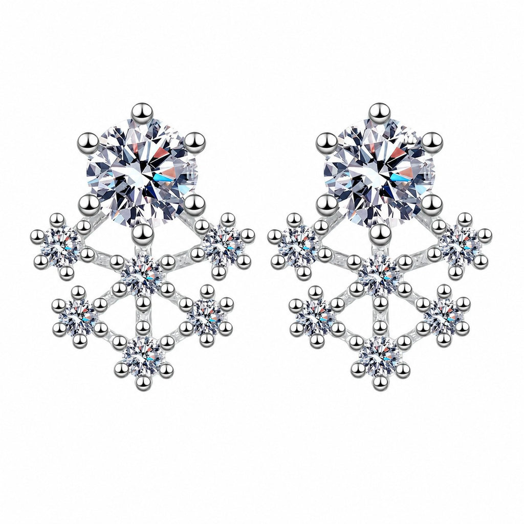 Snowflake Moissanite Stud Earrings with CZ in Rhodium-Plated S925 sterling silver white background product photo showing the pair, stone shape, and stud earrings silhouette
