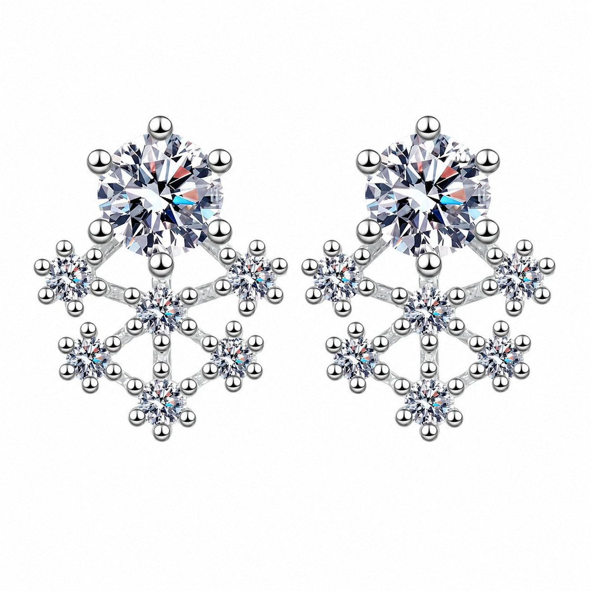 Snowflake Moissanite Stud Earrings with CZ in Rhodium-Plated S925 sterling silver white background product photo showing the pair, stone shape, and stud earrings silhouette