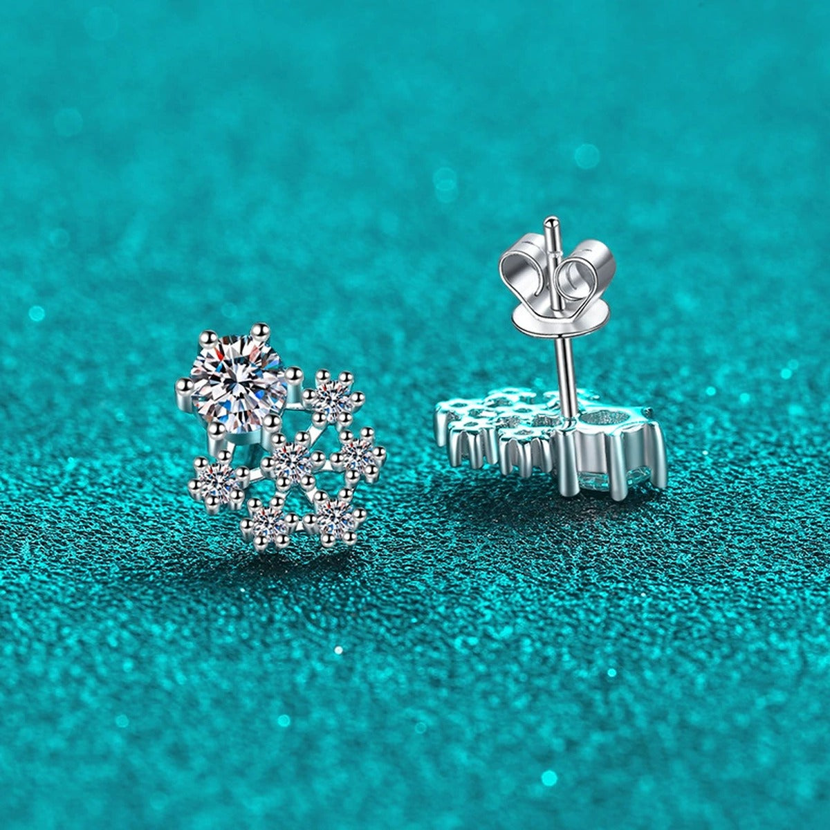 Snowflake Moissanite Stud Earrings with CZ in Rhodium-Plated S925 sterling silver product scene view showing front sparkle