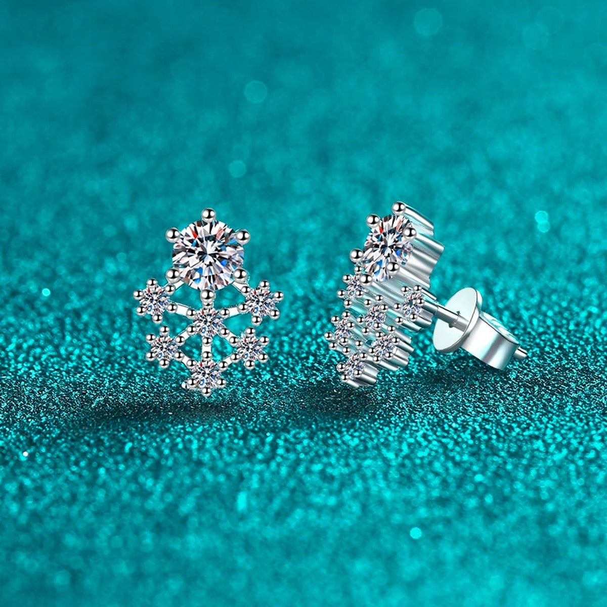 Snowflake Moissanite Stud Earrings with CZ in Rhodium-Plated S925 sterling silver product scene view showing angled setting detail