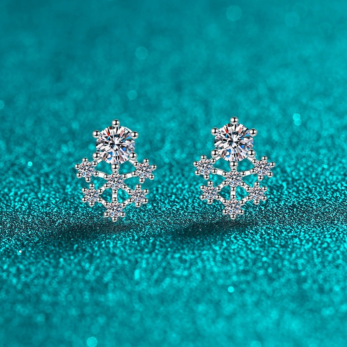 Snowflake Moissanite Stud Earrings with CZ in Rhodium-Plated S925 sterling silver product scene view showing side profile