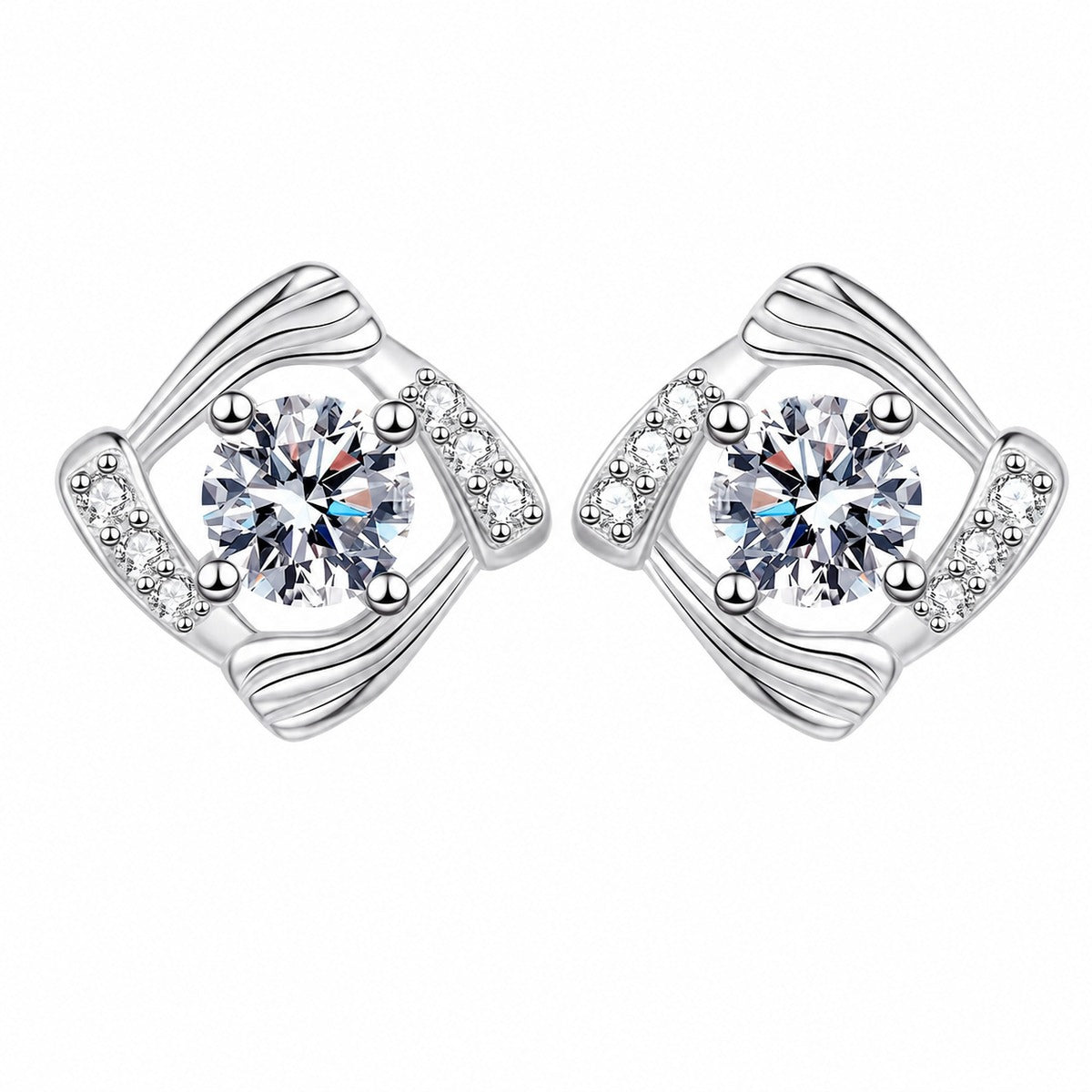 Round Halo Moissanite Stud Earrings with CZ in Rhodium-Plated S925 sterling silver white background product photo showing the pair, stone shape, and stud earrings silhouette