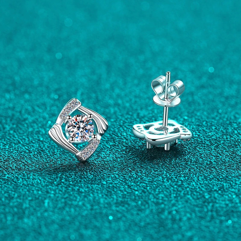 Round Halo Moissanite Stud Earrings with CZ in Rhodium-Plated S925 sterling silver product scene view showing front sparkle