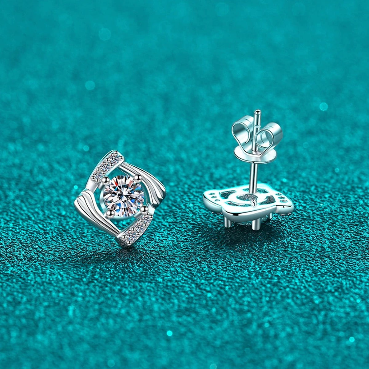 Round Halo Moissanite Stud Earrings with CZ in Rhodium-Plated S925 sterling silver product scene view showing front sparkle