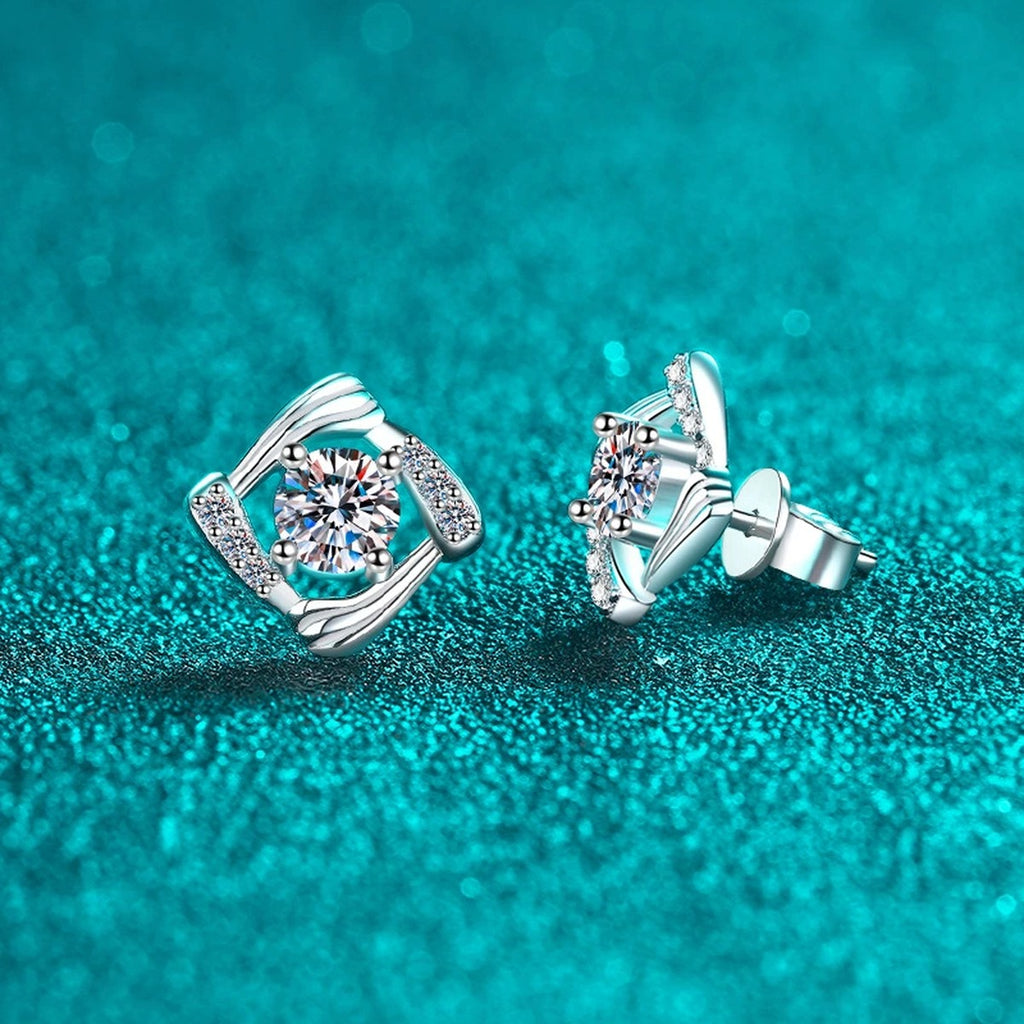 Round Halo Moissanite Stud Earrings with CZ in Rhodium-Plated S925 sterling silver product scene view showing angled setting detail