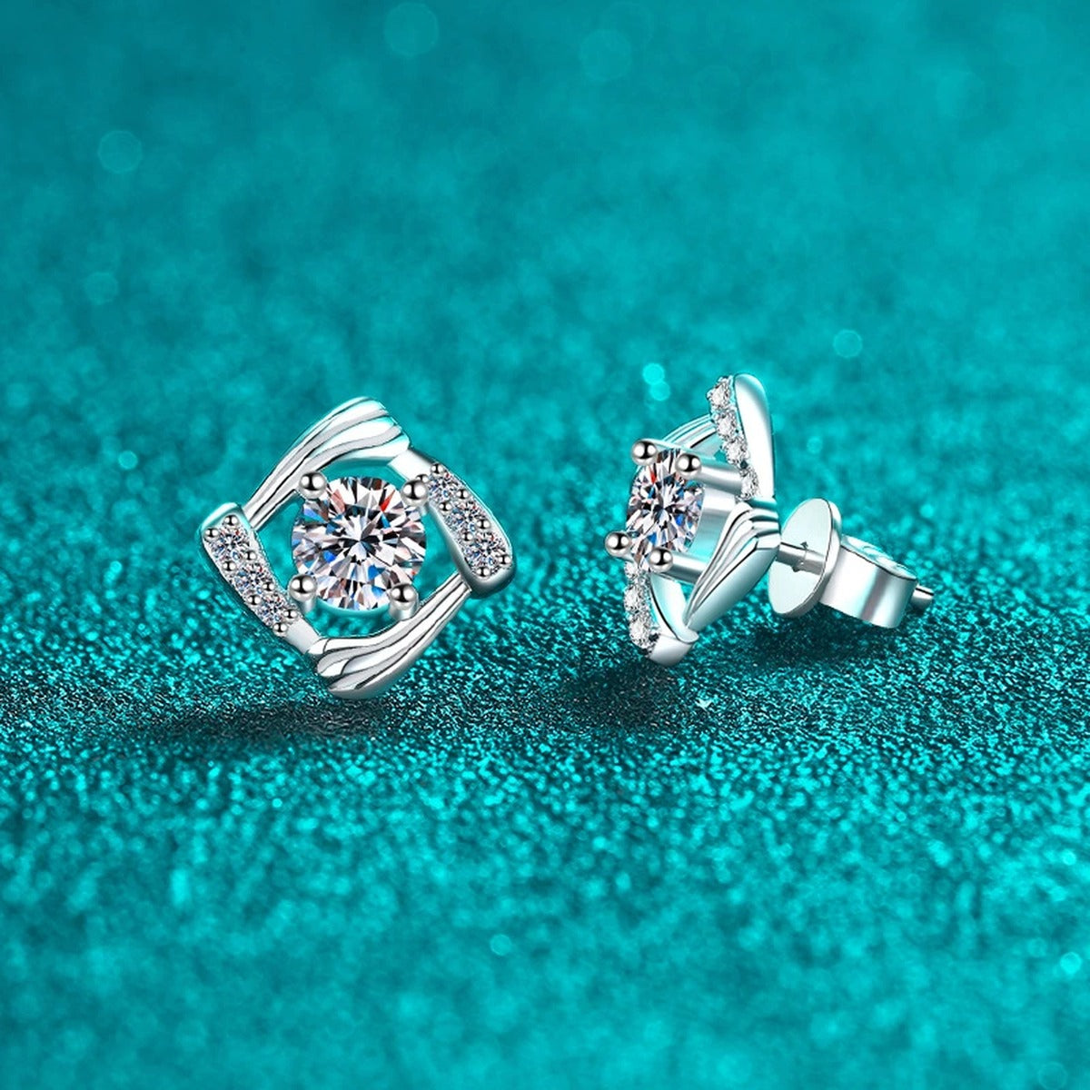 Round Halo Moissanite Stud Earrings with CZ in Rhodium-Plated S925 sterling silver product scene view showing angled setting detail