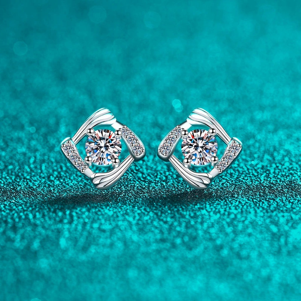 Round Halo Moissanite Stud Earrings with CZ in Rhodium-Plated S925 sterling silver product scene view showing side profile