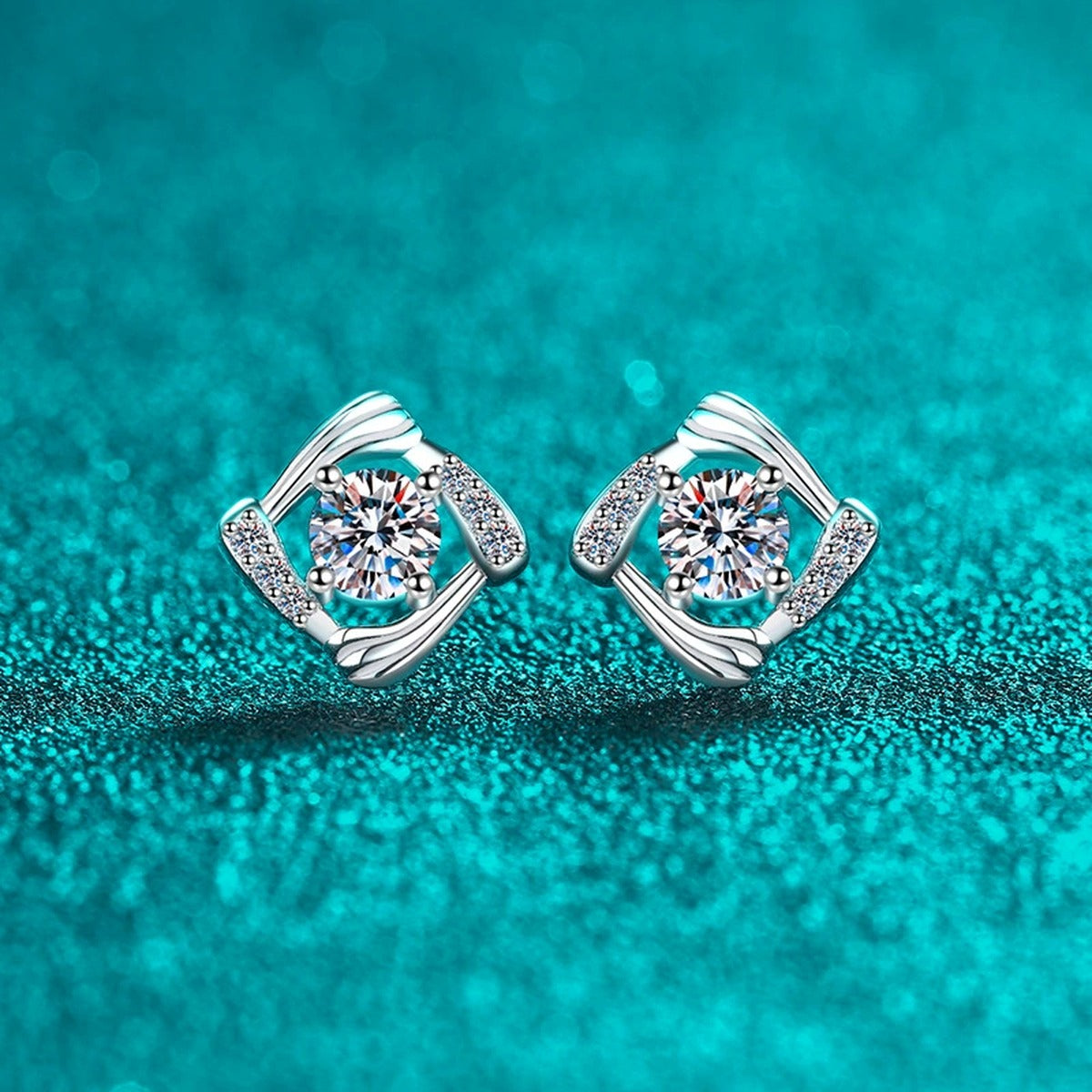 Round Halo Moissanite Stud Earrings with CZ in Rhodium-Plated S925 sterling silver product scene view showing side profile