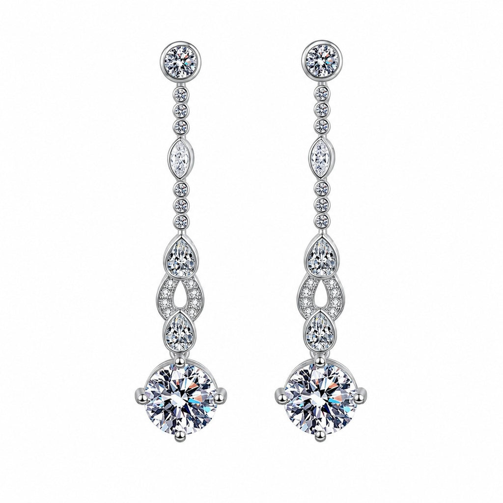 Round Moissanite Stud Dangle Earrings with CZ in Rhodium-Plated S925 sterling silver white background product photo showing the pair, stone shape, and stud dangle earrings silhouette