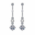 Round Moissanite Stud Dangle Earrings with CZ in Rhodium-Plated S925 sterling silver white background product photo showing the pair, stone shape, and stud dangle earrings silhouette