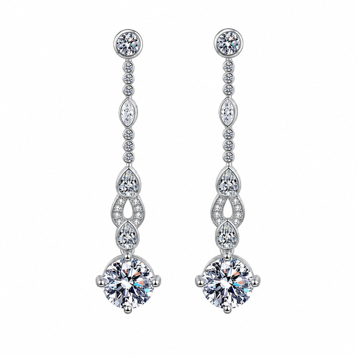 Round Moissanite Stud Dangle Earrings with CZ in Rhodium-Plated S925 sterling silver white background product photo showing the pair, stone shape, and stud dangle earrings silhouette