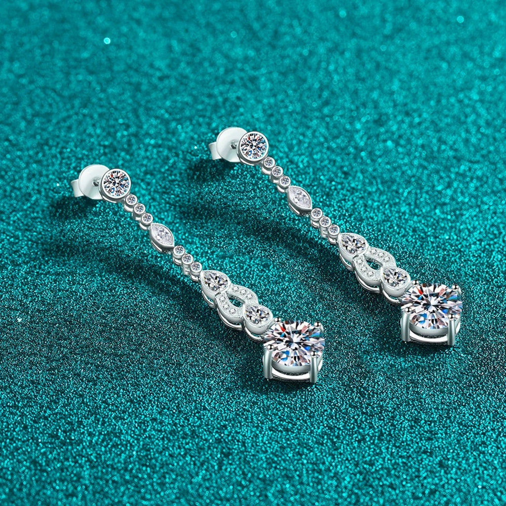 Round Moissanite Stud Dangle Earrings with CZ in Rhodium-Plated S925 sterling silver product scene view showing front sparkle