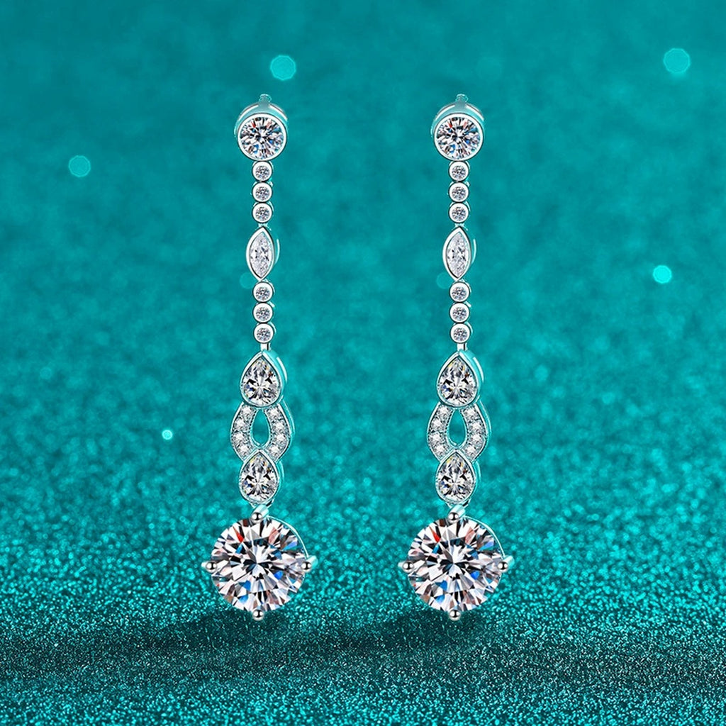 Round Moissanite Stud Dangle Earrings with CZ in Rhodium-Plated S925 sterling silver product scene view showing angled setting detail