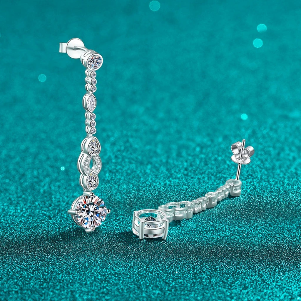 Round Moissanite Stud Dangle Earrings with CZ in Rhodium-Plated S925 sterling silver product scene view showing side profile