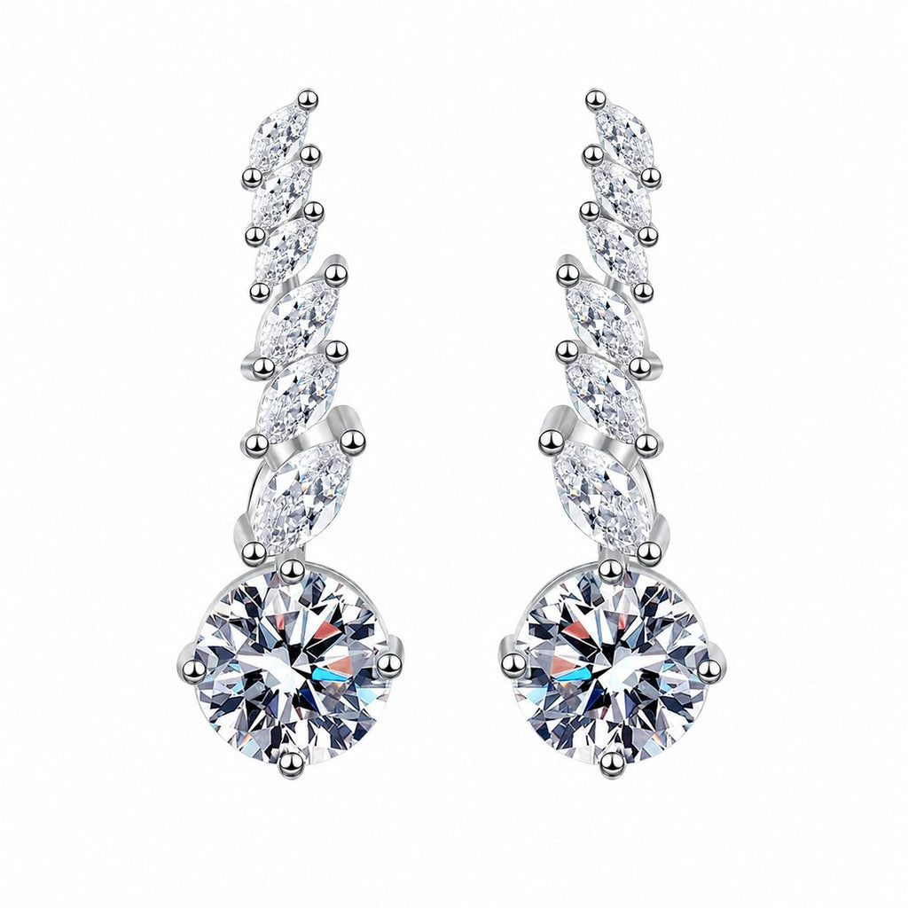 Round Moissanite Stud Drop Earrings with CZ in Rhodium-Plated S925 sterling silver white background product photo showing the pair, stone shape, and stud earrings silhouette