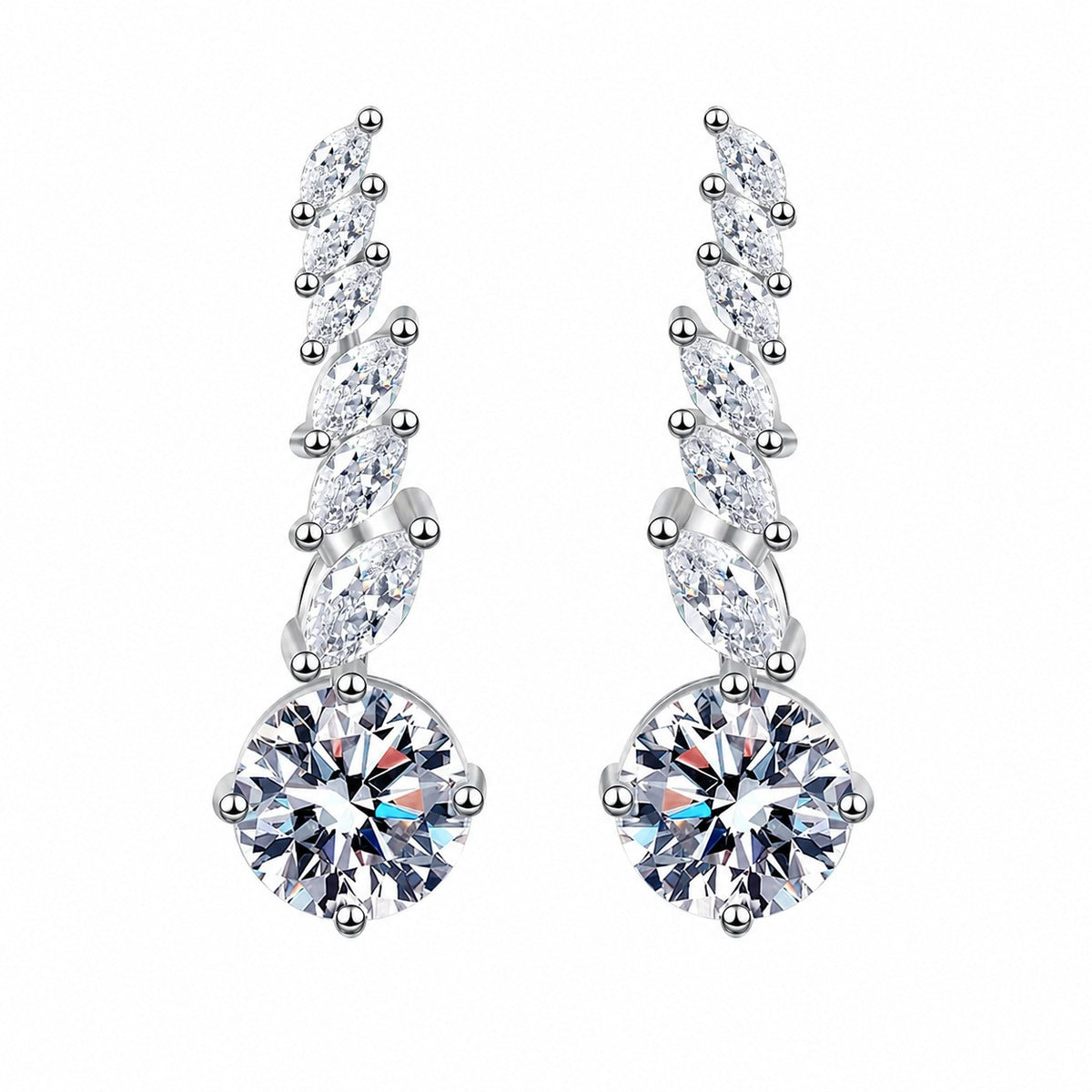 Round Moissanite Stud Drop Earrings with CZ in Rhodium-Plated S925 sterling silver white background product photo showing the pair, stone shape, and stud earrings silhouette