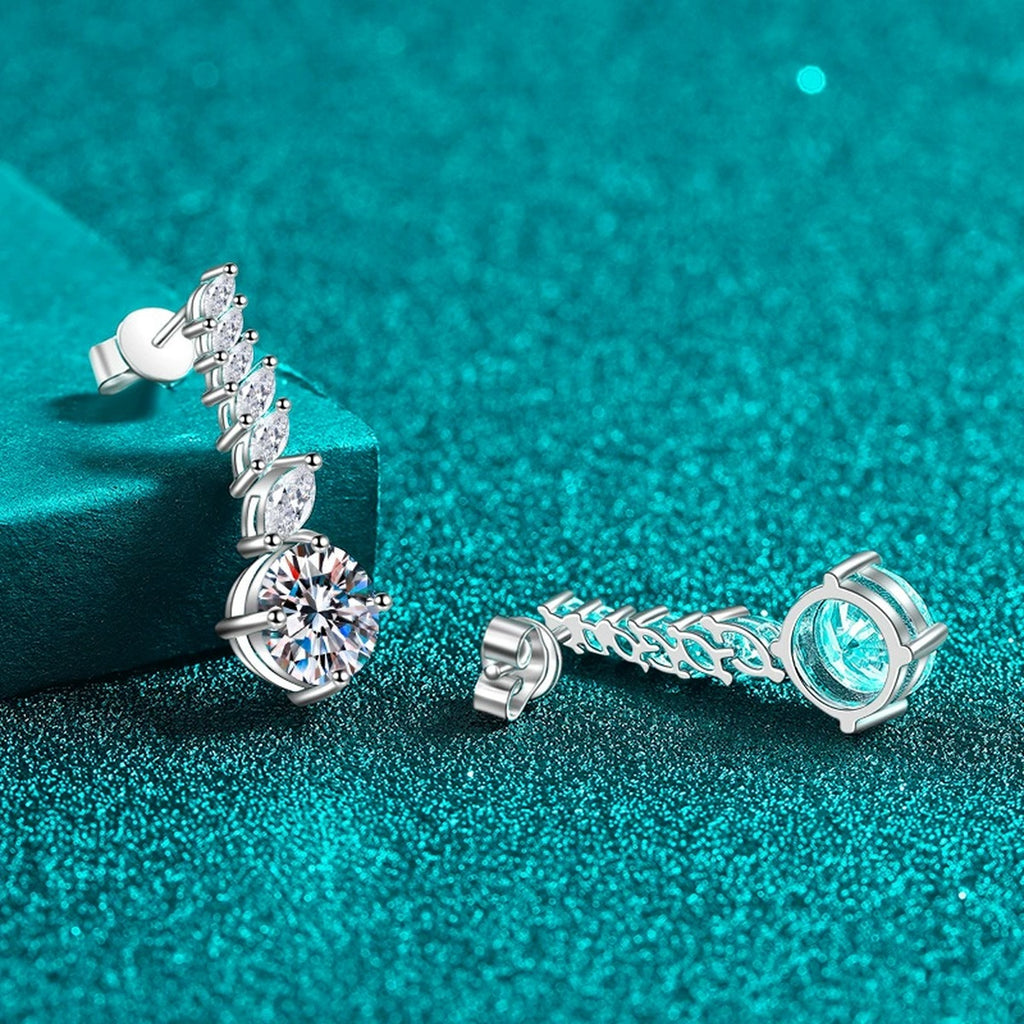 Round Moissanite Stud Drop Earrings with CZ in Rhodium-Plated S925 sterling silver product scene view showing front sparkle