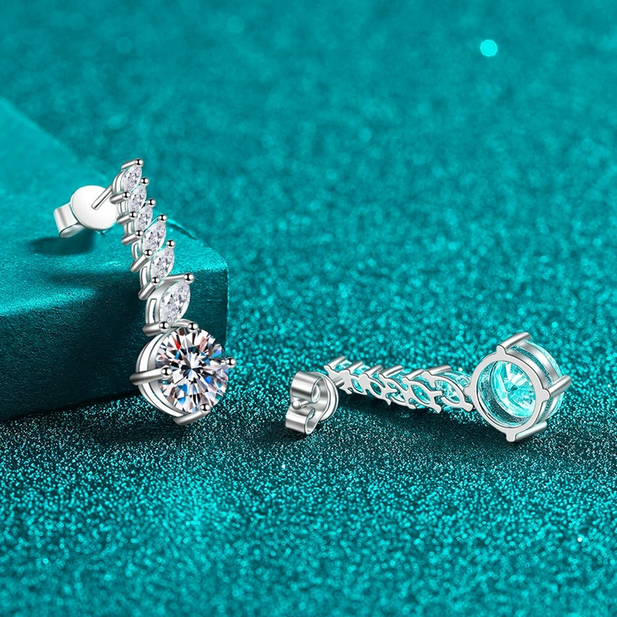 Round Moissanite Stud Drop Earrings with CZ in Rhodium-Plated S925 sterling silver product scene view showing front sparkle
