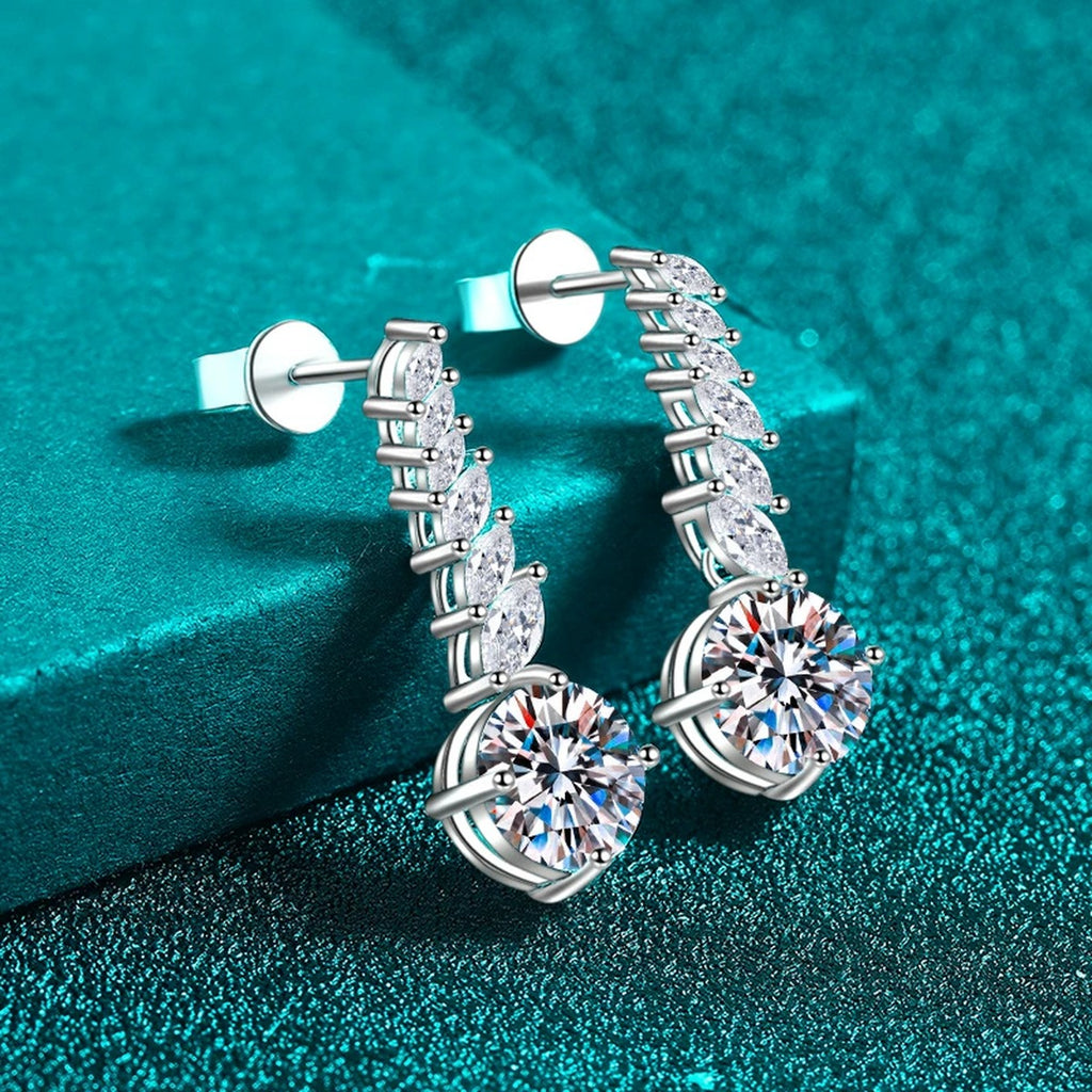 Round Moissanite Stud Drop Earrings with CZ in Rhodium-Plated S925 sterling silver product scene view showing angled setting detail