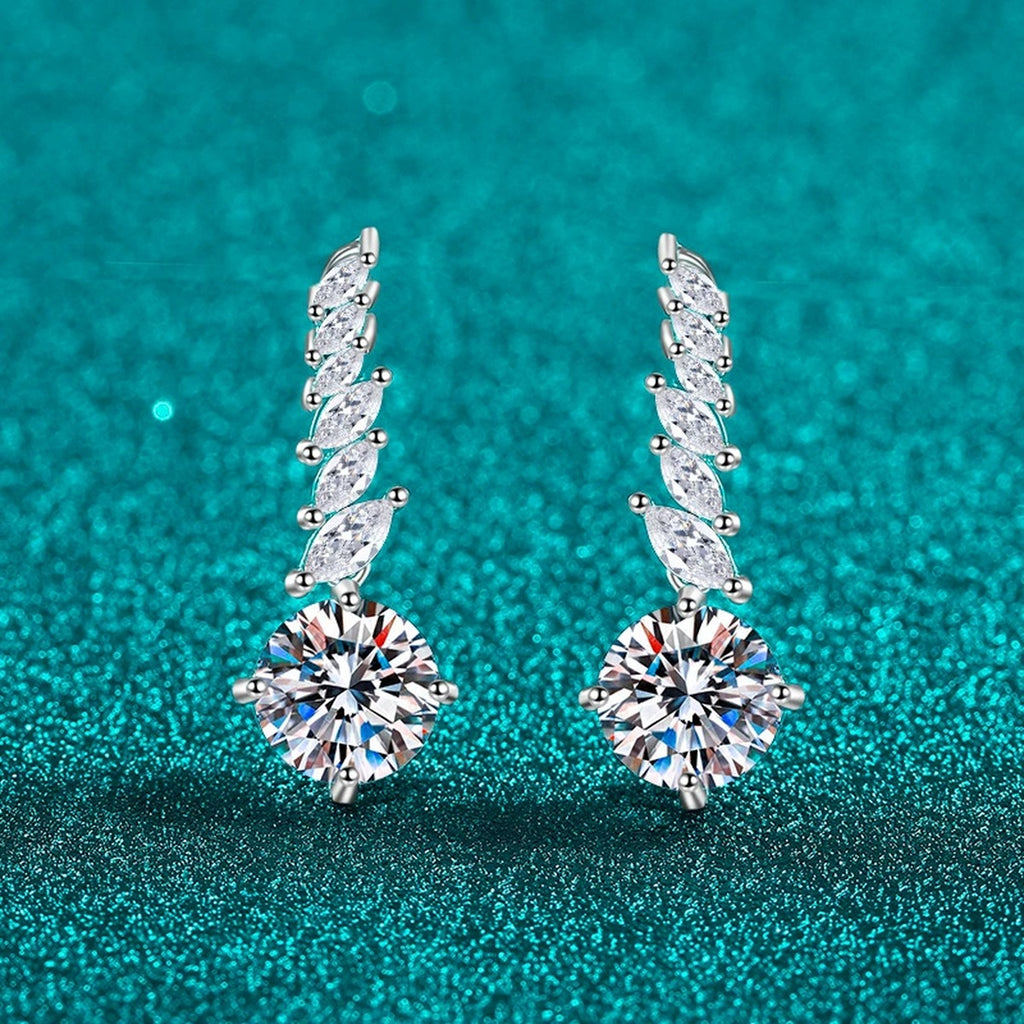 Round Moissanite Stud Drop Earrings with CZ in Rhodium-Plated S925 sterling silver product scene view showing side profile