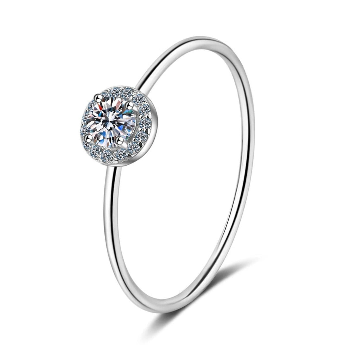 Round Moissanite Halo Ring with CZ in rhodium-plated S925 sterling silver on clean white background