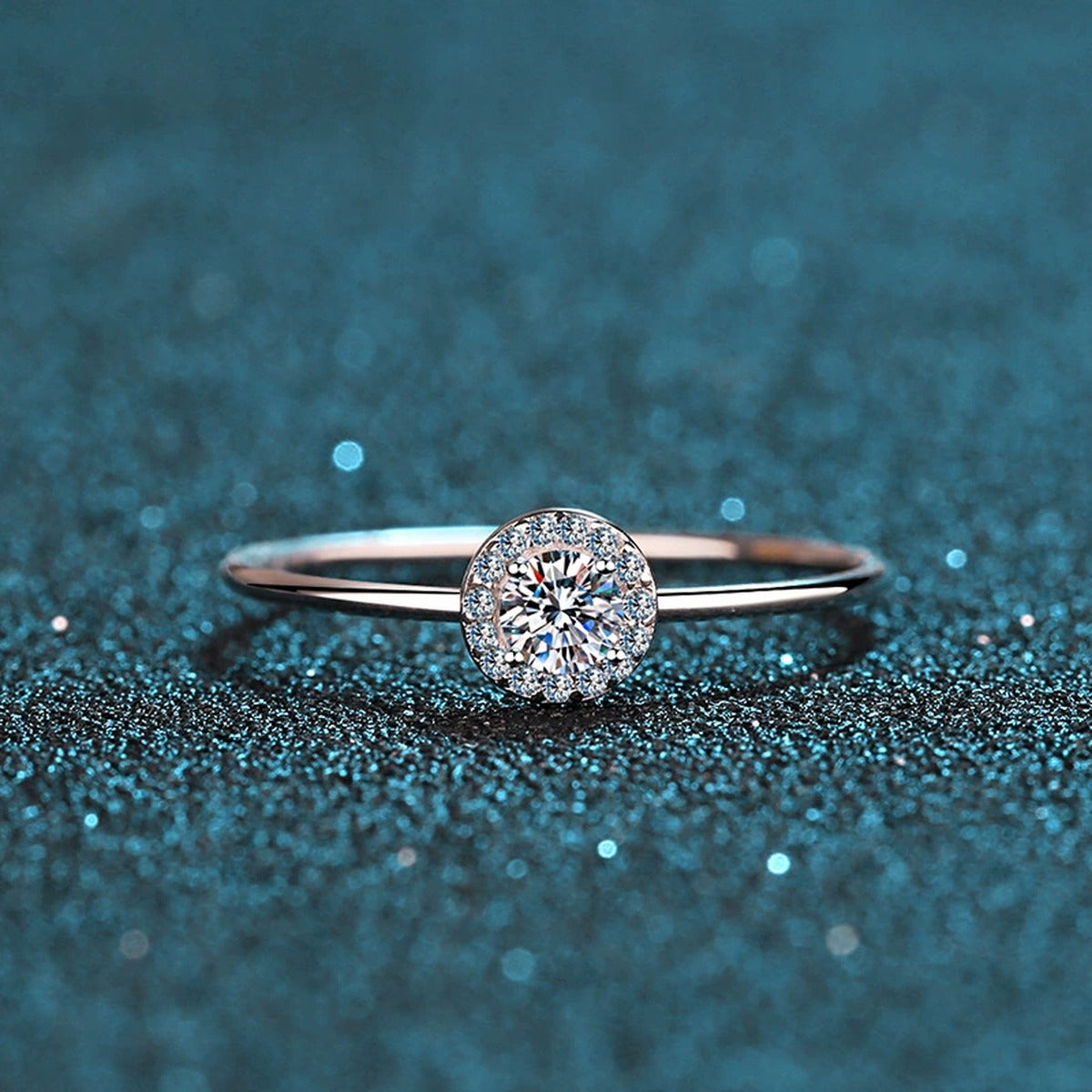 Round Moissanite Halo Ring with CZ product view showing moissanite setting and metal finish