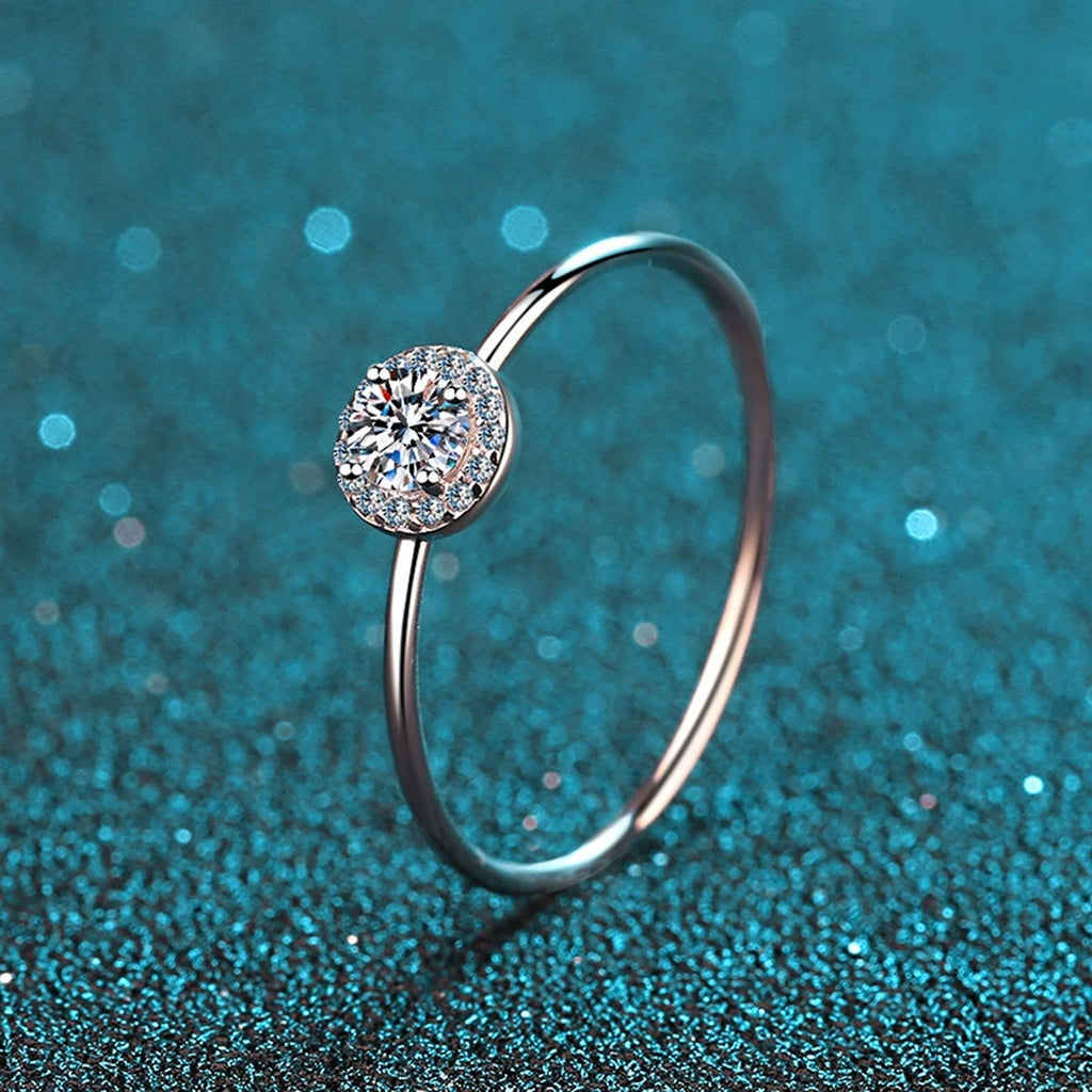 Round Moissanite Halo Ring with CZ product view showing moissanite setting and metal finish