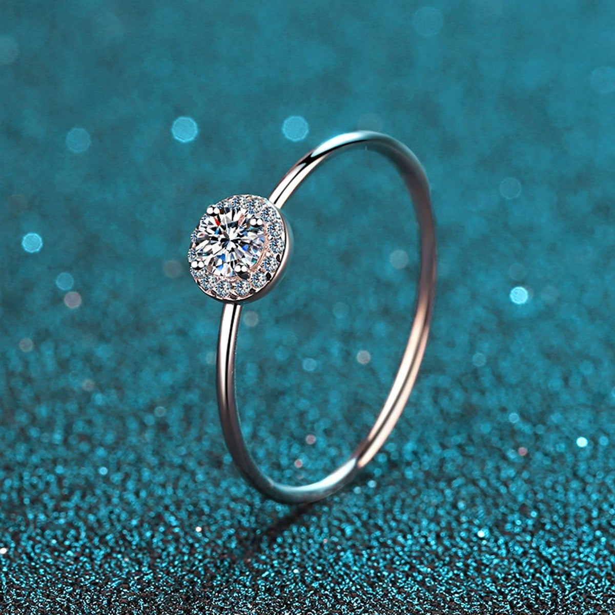 Round Moissanite Halo Ring with CZ product view showing moissanite setting and metal finish