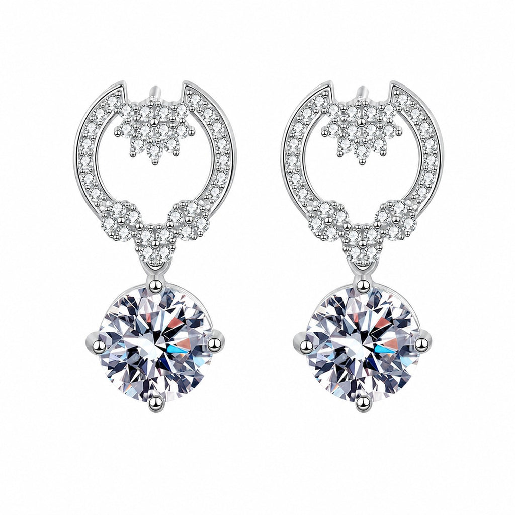 Heart Moissanite Stud Dangle Earrings with CZ in Rhodium-Plated S925 sterling silver white background product photo showing the pair, stone shape, and stud dangle earrings silhouette