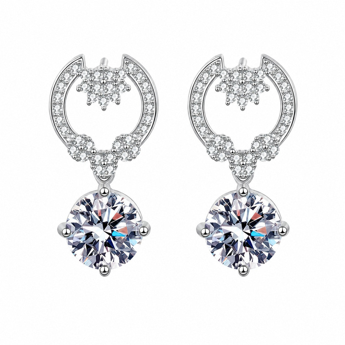 Heart Moissanite Stud Dangle Earrings with CZ in Rhodium-Plated S925 sterling silver white background product photo showing the pair, stone shape, and stud dangle earrings silhouette
