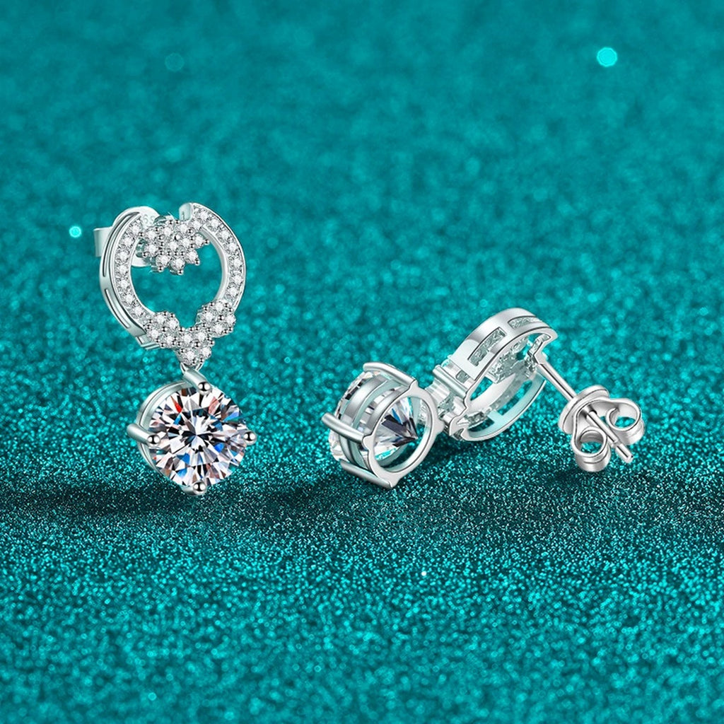 Heart Moissanite Stud Dangle Earrings with CZ in Rhodium-Plated S925 sterling silver product scene view showing front sparkle